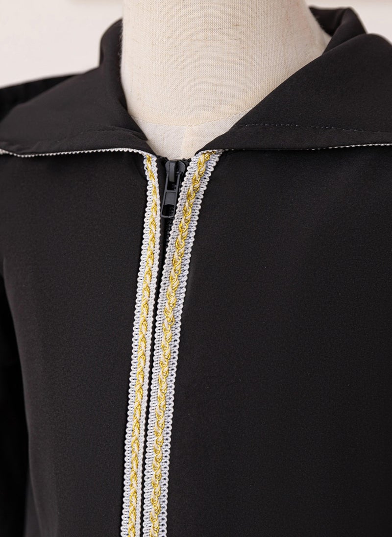 babyqlo فستان كفتان عربي للمناسبات باللون الأسود للفتيات مع حواف ذهبية - Image 4